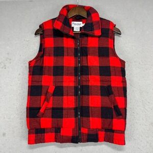Vintage 90s Buffalo Plaid‎ Puffer Vest Mens Small Red Black Quilted Zip Up Cabin